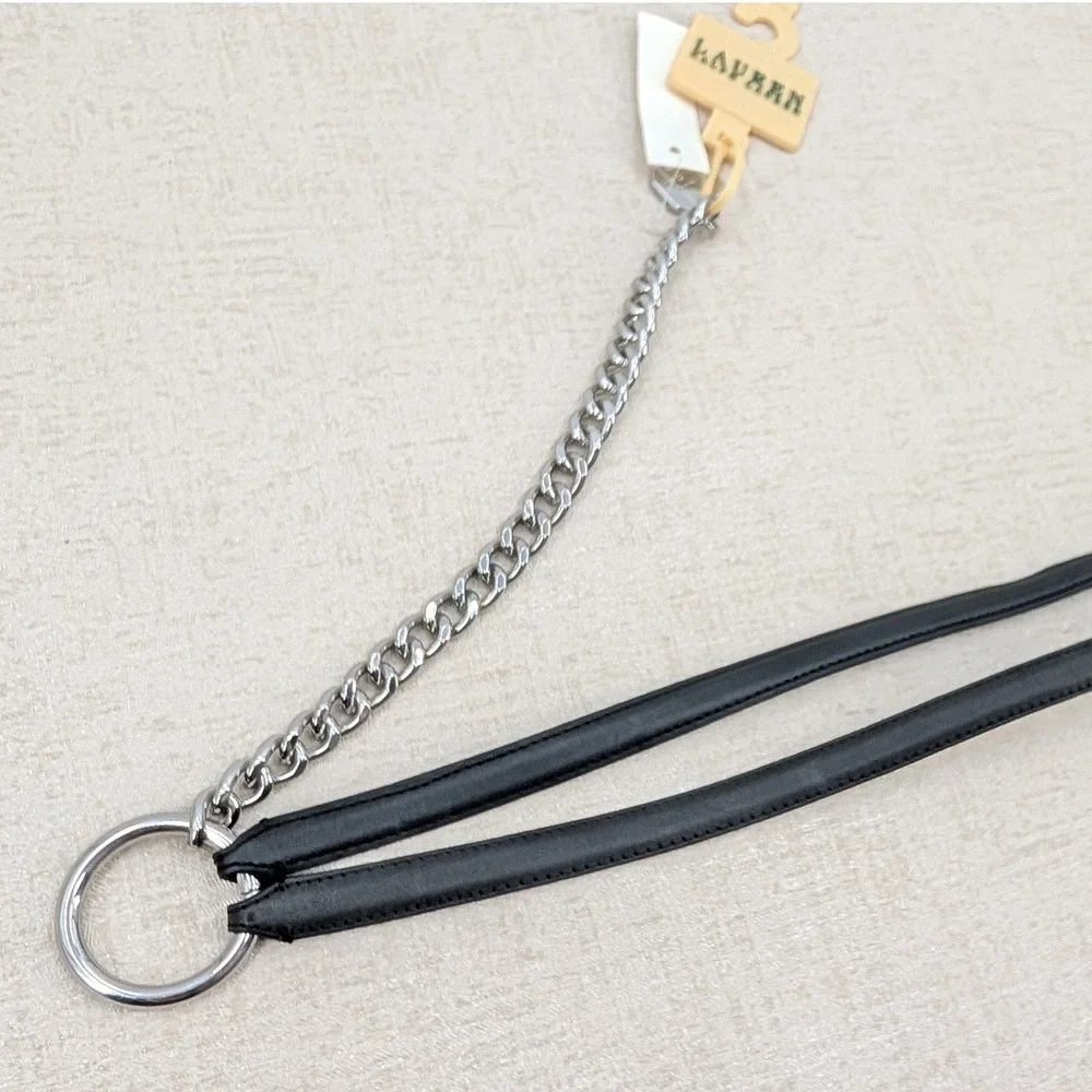 Lauren Ralph Lauren Black Leather Silver Chain Link Belt Small Charm Hook Clasp